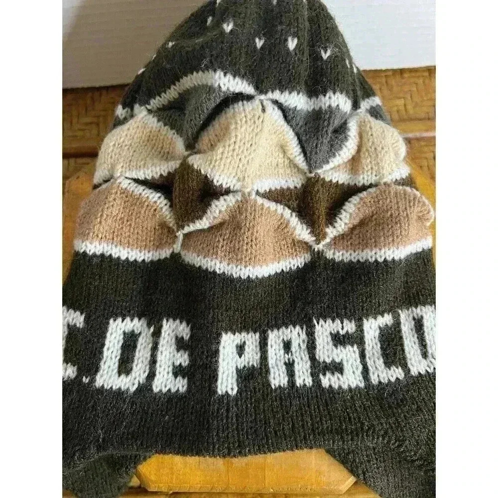 Peruvian Handmade Alpaca Wool Chullo Hat Cde‎ Pasco Earflap Winter Cap-Tan&Cream